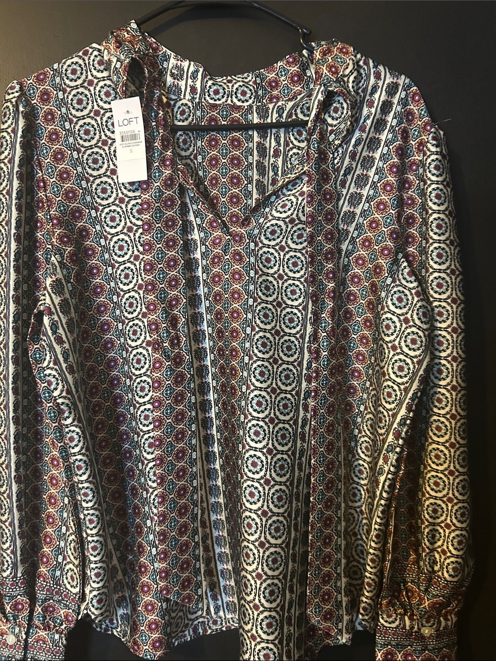 LOFT Multi-Pattern Boho Long-Sleeve Blouse in Burgundy, Navy & Cream